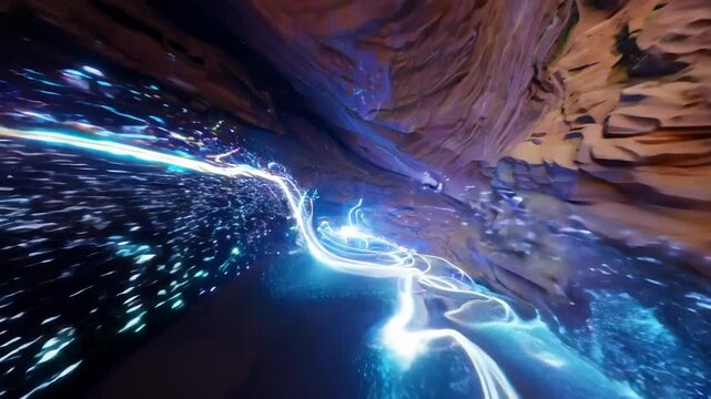 Ethereal glowworm cave with bioluminescent lights
