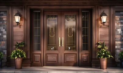 Elegant Wooden Front Door with Lamps