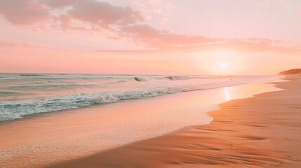 Fototapeta premium Pink Sunset Over Ocean Beach Landscape With Golden Sand And Gentle Waves