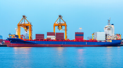 Logistics and transportation of Container Cargo ship and Cargo plane with working crane bridge in shipyard at sunrise, logistic import export and transport industry background