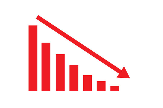 Red arrow down icon. Indication decline arrow sign. Financial decrease statistic graphic symbol. Financial losses chart. Vector illustration