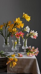 Beautiful blooming freesias in glass vases on table against grey background