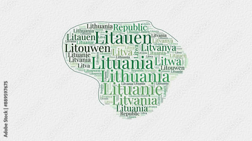 Poster lithuania logo animation. lithuania boundary word cloud animation. video of country names in multipl