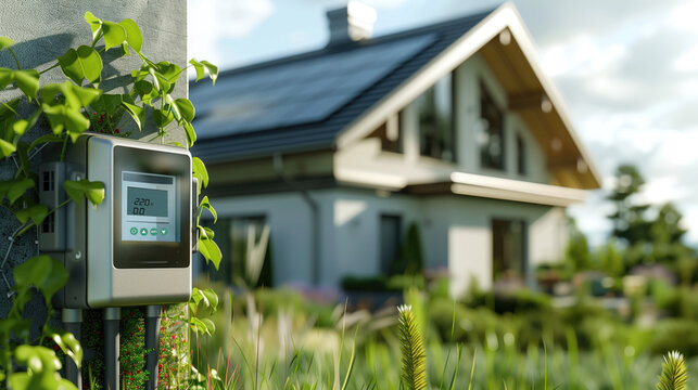 Smart energy meter installed on an eco-friendly house with solar panels in a lush green background. Sustainable living, renewable energy, smart home technology, energy efficiency.