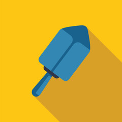 Blue hand trowel casting a long shadow on a yellow background, gardening tool, flat design style