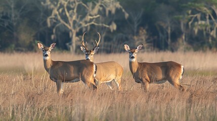 Fototapeta premium Three deer stand alert in a grassy wilderness area, each attentive to their surroundings, showcasing the natural beauty and alertness of these woodland creatures.