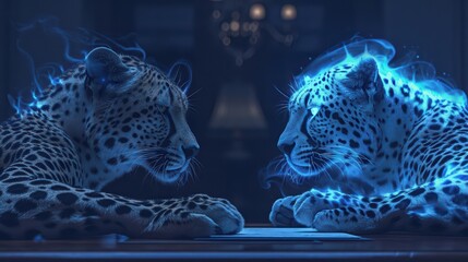 Fototapeta premium A cheetah in formal business wear reviews a financial report with a leopard in a smart suit, both enveloped in a supernatural, glowing aura