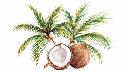 Obraz premium A coconut tree depicted with watercolor coconuts and fronds isolate on white background