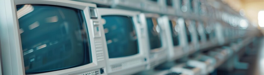 Row of vintage CRT monitors in a retro-styled room, illustrating old technology and nostalgia, ideal for creative and editorial use.