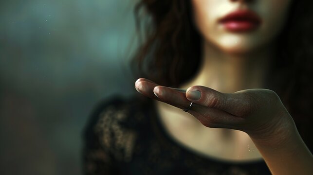 A person in dark clothing is holding an object in their extended hand. The background is blurred, focusing on the hand and object. The setting appears mysterious and solemn.