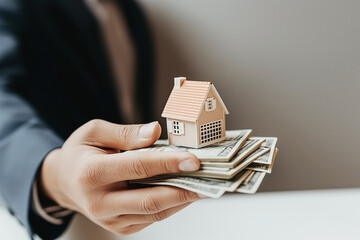 house model on banknote in hand for concept investment mortgage finance and home loan refinance