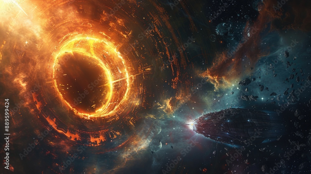 Wall mural a cosmic anomaly creating a rift in space, from which emerge hostile entities attacking a scientific