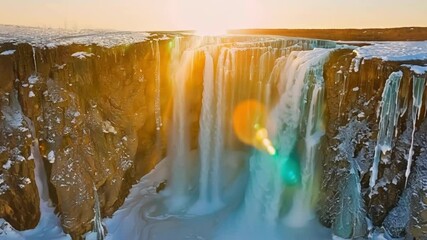 As the sun sets the frozen waterfalls light up with a golden glow casting a warm and surreal ambiance over the icy landscape.