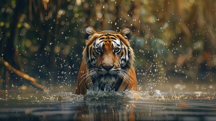 A majestic tiger walking through the jungle waters with splashes of nature's beauty and untamed wilderness