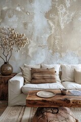 Rustic wooden coffee table near fabric sofa against blank stucco wall with copy space. Boho home interior design of modern living room, Generative AI