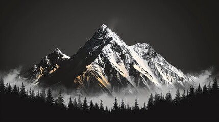 Majestic snowy mountain peak standing tall above a dark forest with misty clouds in a dramatic landscape photograph.
