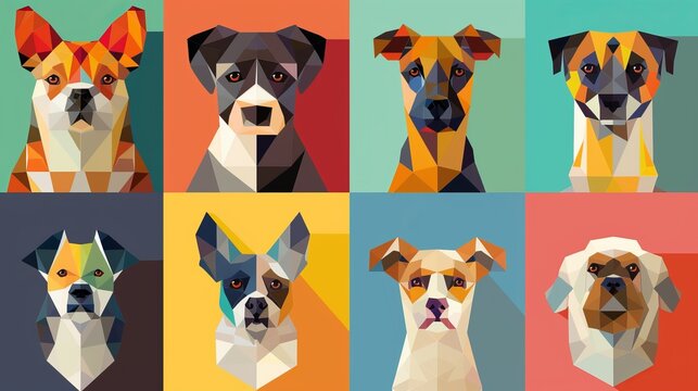 Eight distinct dog faces, each illustrated in a geometric style, set against vibrant colored squares, showcasing the uniqueness of each breed through modern art.