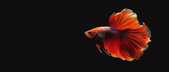 Obraz premium Vibrant red betta fish swims gracefully in dark water, showcasing its elegant fins and brilliant coloration against a black background.