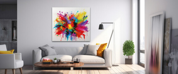 Step into a room featuring a vibrant illustration within a blank white frame, accented by a fusion of vivid color splashes.