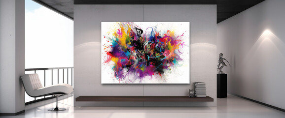 Step into a room featuring a vibrant illustration within a blank white frame, accented by a fusion of vivid color splashes.