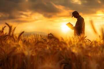 Fototapeta premium A farmer standing on the land examines grains of rice or other crops on his tablet at sunset Generative AI