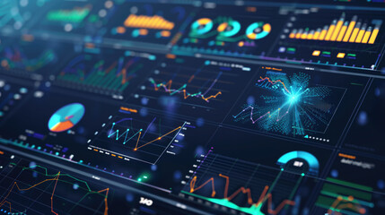 Multiple digital screens displaying financial data and analytics charts in a modern interface. Economic analysis, data visualization, financial projections, tech dashboard, stock market trends.