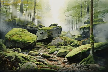 Obraz premium Serene forest landscape with moss-covered rocks, fog, and soft sunlight filtering through the trees. Peaceful nature scenery.
