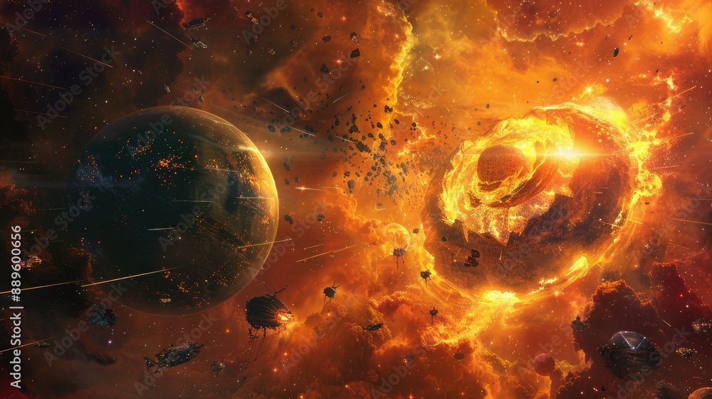 Wall mural a cosmic anomaly creating a rift in space, from which emerge hostile entities attacking a scientific