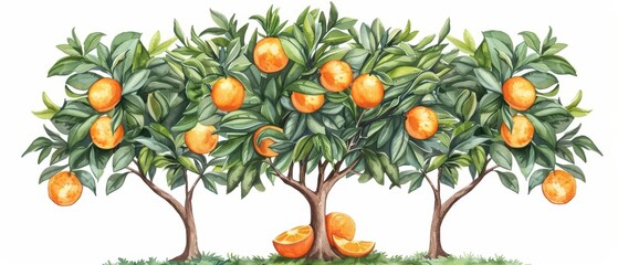 An orange tree visualized with juicy watercolor oranges isolate on white background
