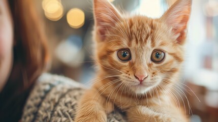 Heartwarming stories shared at a cat adoption event, realistic, warm tones, photography, background of a cheerful community center, touching and informative