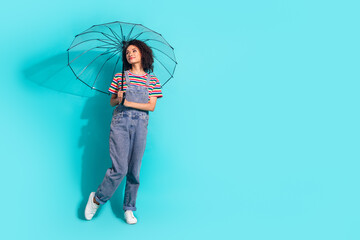 Photo of positive girl hold umbrella look profile side isolated cyan color background