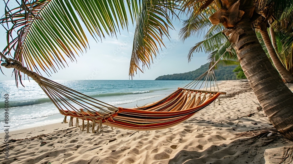 Poster tranquil scene of hammock on beach with palm trees.