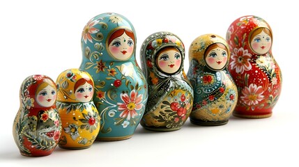 Colorful Russian nesting dolls lined up in a row.