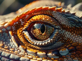 Fototapeta premium Close-up of a reptile's eye showcasing intricate scales and vivid colors, highlighting the natural beauty of its texture and details.