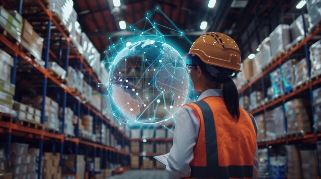 Warehouse worker in a safety vest and helmet analyzing digital globe with network connections overlay. Supply chain, logistics, technology integration, inventory management, global business operations