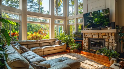 A cozy family room with a large sectional sofa, a stone fireplace, and a home entertainment system, with large windows offering views of a lush garden.