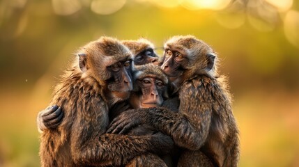Group of monkeys huddling together in nature, showcasing strong social bonds and togetherness in their natural habitat.