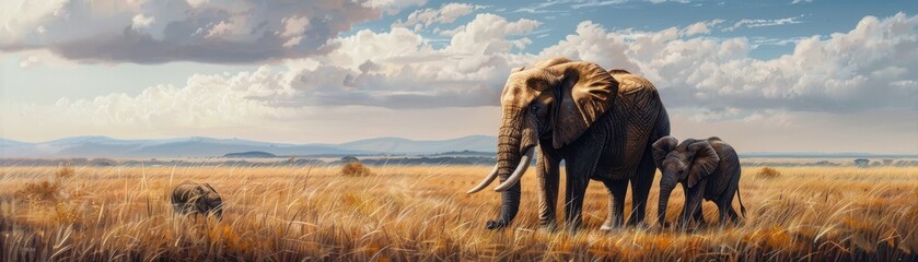 Fototapeta premium Majestic elephants roam the savannah under a vibrant sky, captured in a stunning wildlife panorama. Ideal for nature and travel themes.