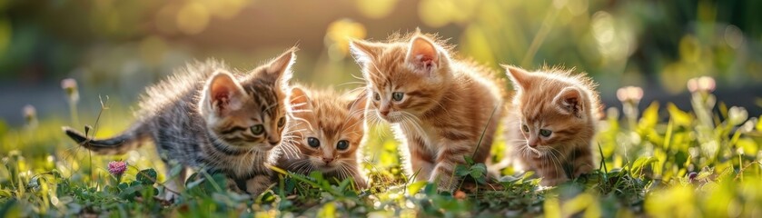 Encouraging cat adoption with playful kittens, realistic, bright colors, photography, background of a sunny garden, fun and heartwarming