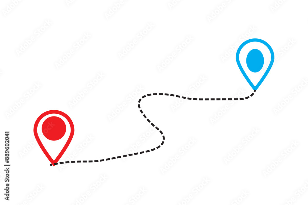 Poster route icon - two points with dotted path and location pin. route location icon two pin sign and dott
