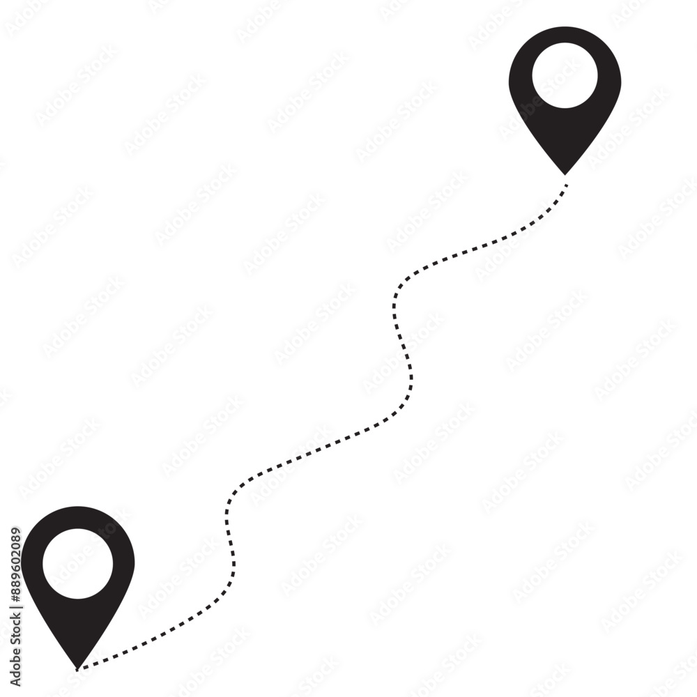 Poster route icon - two points with dotted path and location pin. route location icon two pin sign and dott