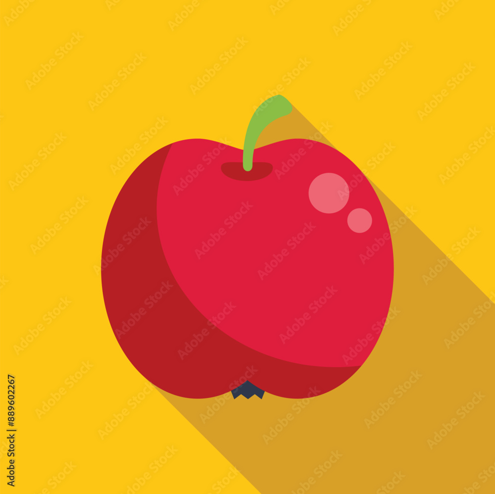 Sticker Red apple illustration casting long shadow on yellow background, simple flat design of a common fruit