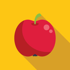 Red apple illustration casting long shadow on yellow background, simple flat design of a common fruit