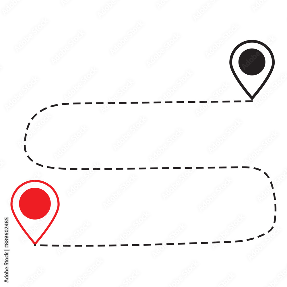 Poster route icon - two points with dotted path and location pin. route location icon two pin sign and dott
