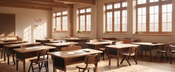 cozy classroom, with warm wooden desks and soft natural lighting streaming in through large windows