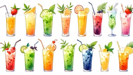 Collection set of different non-alcoholic cocktails, fruit juices, summer soft drinks, watercolor cartoon illustrations, white background. Generative AI.