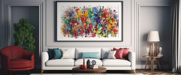 Step into a room adorned with a vibrant illustration framed in white, with dreamy color splashes swirling across the walls. 