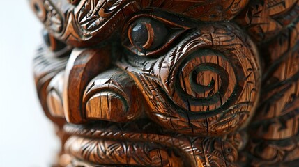  Detailed shot of a wooden mask featuring a unique facial expression.