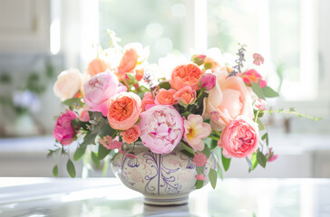 Beautiful bouquet of pink flowers in a vintage vase
