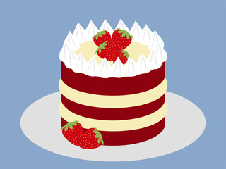Strawberry red velvet cake with creamy filling. On top of it strawberries and icing.
